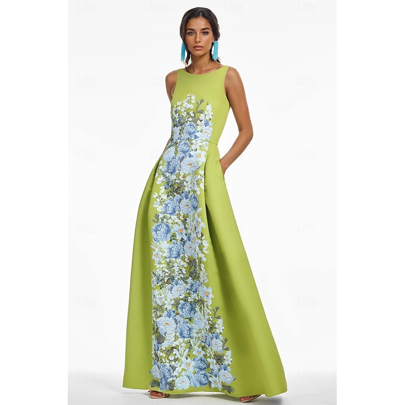 A-Line Evening Gown Elegant Dress Formal Wedding Floor Length Sleeveless Crew Neck Italy Satin with Floral Print Pocket2