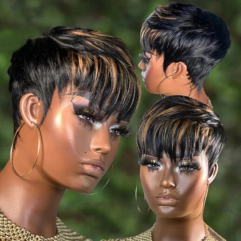 Pixie Cut Wig Synthetic Wig for Black Women Short Bob Wig Ombre with Bangs4