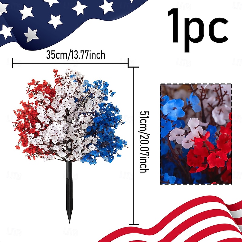 Patriotic Artificial Flower Stakes, 4th of July Red White Blue Gypsophila with Flags and Ground Picks, Memorial Day Grave and Yard Decorations for Veterans Day, Independence Day Decor3