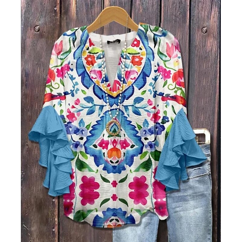 Women's Retro Blouse Layered Ruffle Sleeve Tops Vintage Floral Graphic Bohemia Vintage Daily 3/4 Length Sleeve Regular Tops Daily Holiday Vacation Wear Print Denim Blue Blue Light Blue2
