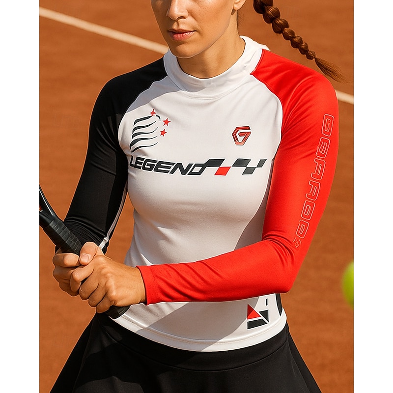 Women's Patchwork Tennis Top Long Sleeve Reflective Strip Sweat-Wicking Moisture Wicking Breathable Tennis Golf Pickleball Hooded White Red Tennis Clothing