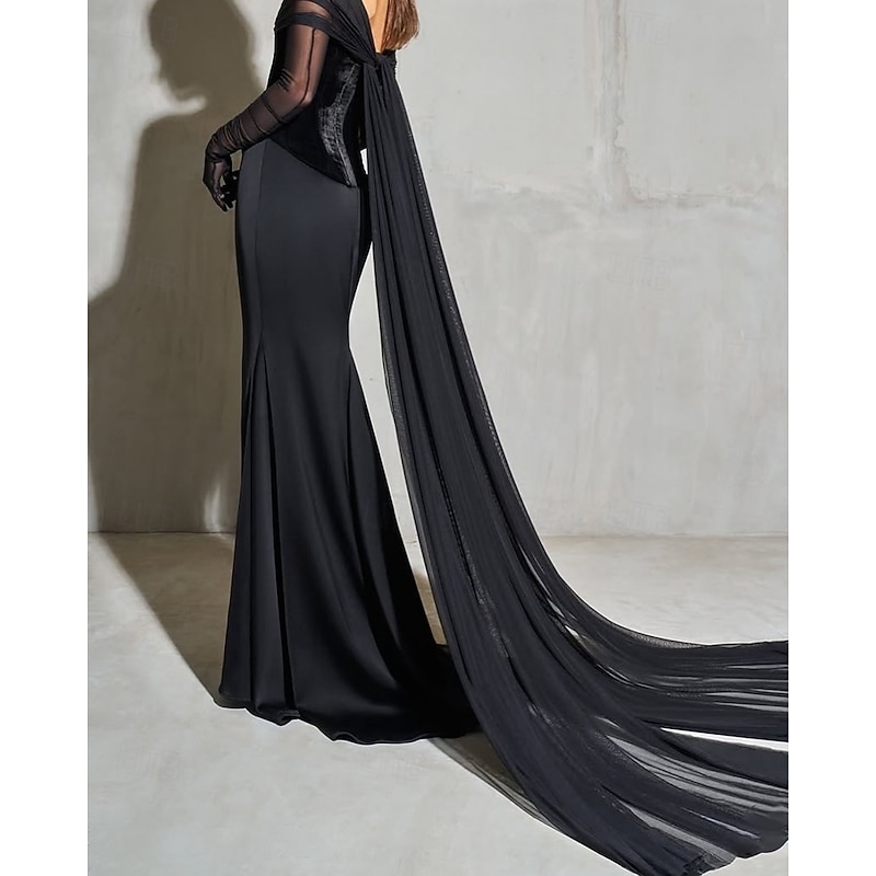 Black Dress Velvet Corset Dress Mermaid / Trumpet Evening Gown Elegant Dress Formal Black Tie Gala Dress Wedding Court Train Sweetheart Lace with Ruched Sleeve2