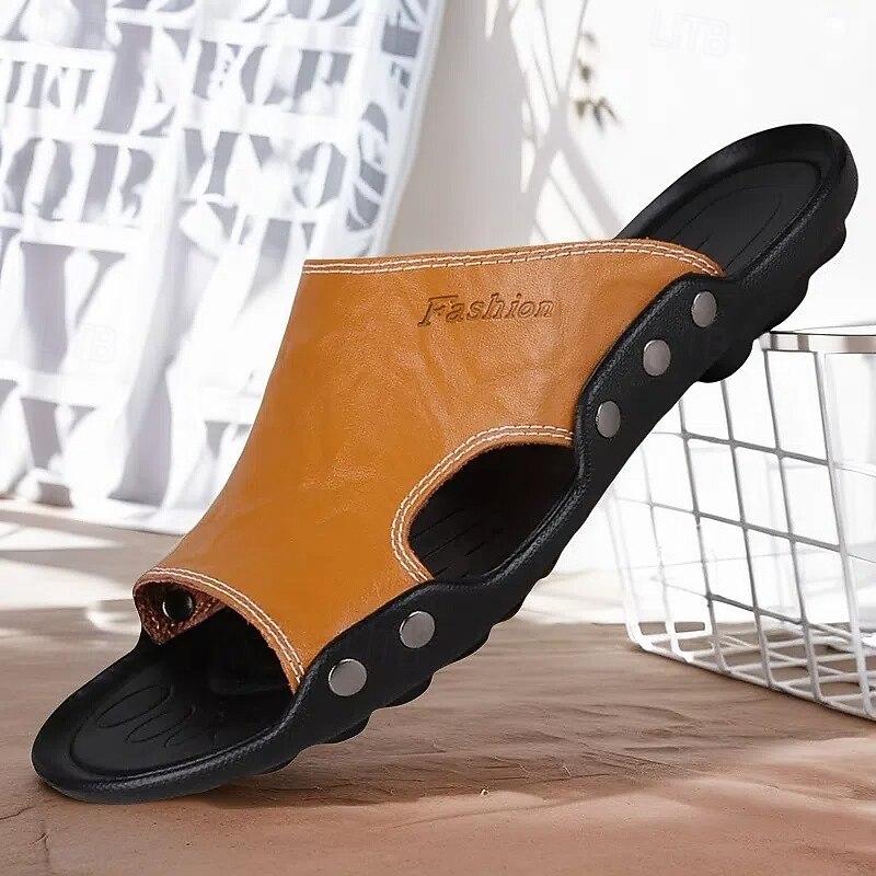 Men's Tan Faux Leather Open Toe Slide Sandals with Hollow Out Sole Design – Breathable Lightweight Slip-On Summer Slippers for Home, Beach and Casual Daily Wear