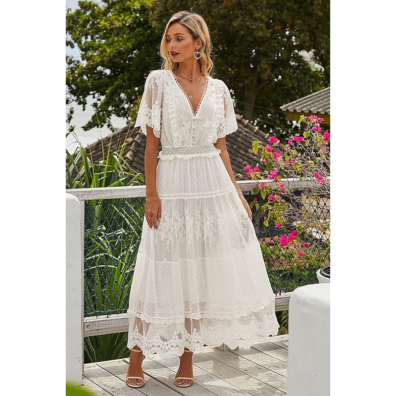 Women's Maxi long Dress White Dress Lace Dress Holiday Dress Swing Dress Elegant Romantic Boho Vacation Holiday Date Regular Fit Pure Color Short Sleeve V Neck White Summer Spring 5