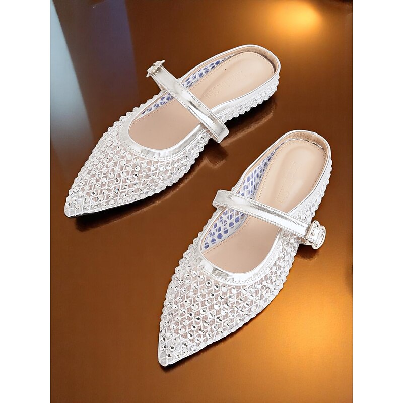Women's Silver Rhinestone Flat Mules - Sparkly Slip-On Mary Jane Shoes for Stylish Daytime Dates and Gallery Visits3