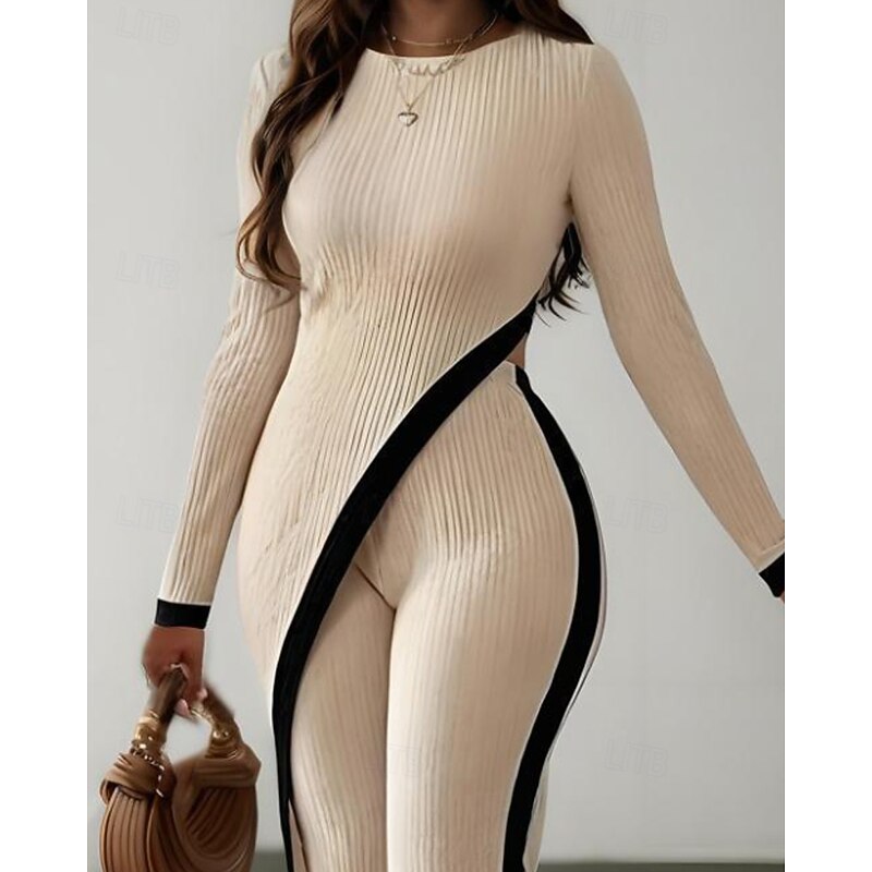 Women's Active Fashion Blouse Pants Sets Long Sleeve Crew Neck Color Block Patchwork Outdoor Vacation Going out Beige Summer Regular Fit2