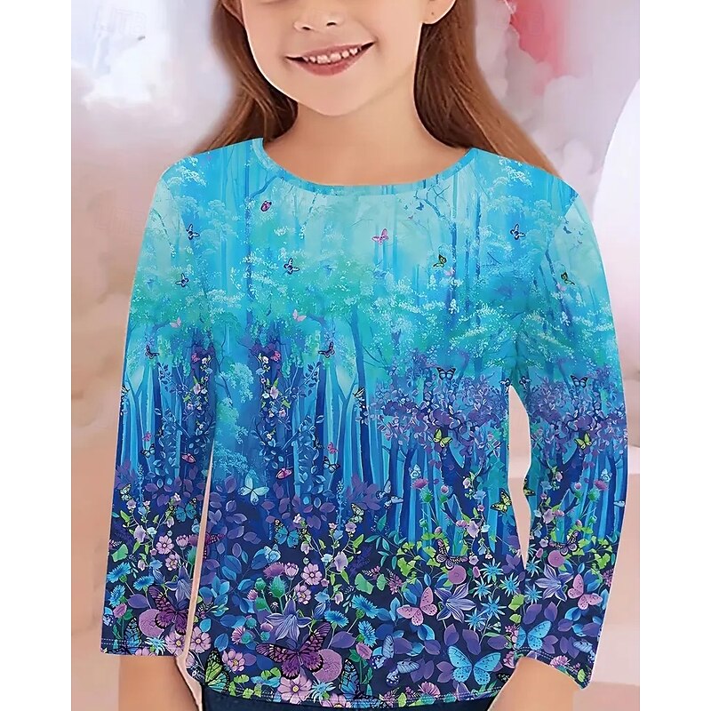 Girls' 3D Floral Butterfly T shirt Tee Long Sleeve Spring Fall Fashion Basic Kids 4-12 Years Crew Neck Outdoor Casual Daily Regular Fit