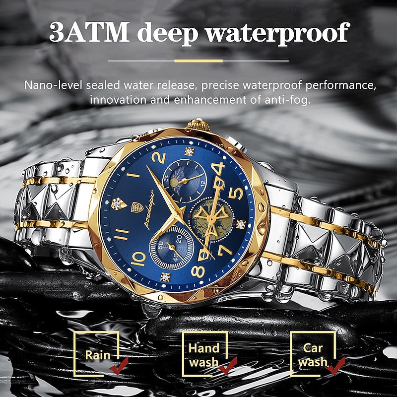 Luxury Men's Chronograph Watch – Waterproof Stainless Steel Quartz Wristwatch with Luminous Dial and Date Display3
