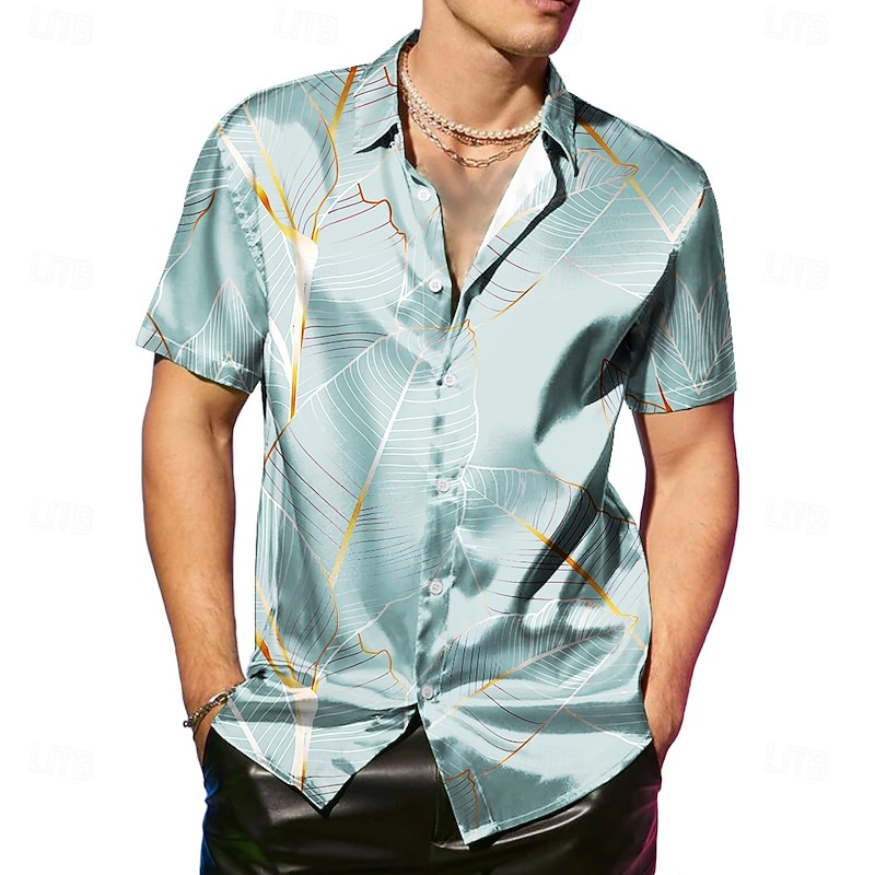 Men's Coconut Tree Tropical Plants Satin Shirt Dress Shirt Button Up Shirt Short Sleeve Fashion Casual Vacation Party Evening Wear Daily Summer Spring Turndown Collared Shirts Button Up 3D Print Pink