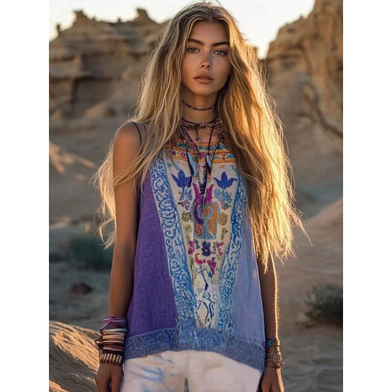 Women's Camisole Tank Top Floral Graphic Bohemia Daily Retro Vintage Sleeveless Crew Neck Regular Tops Vacation Wear Purple Summer Spring2