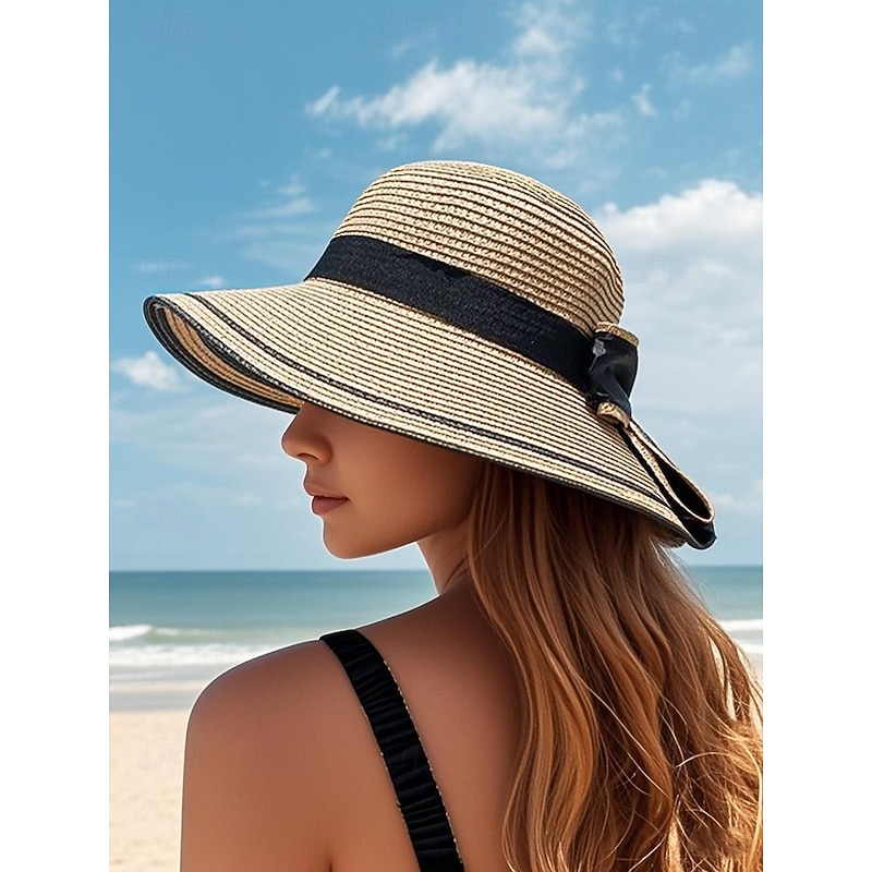 Women's Bow Straw Hat - Foldable for easy carrying, Stylish sun hat with black ribbon details, Perfect for the beach, Vacation and summer outdoor activities3