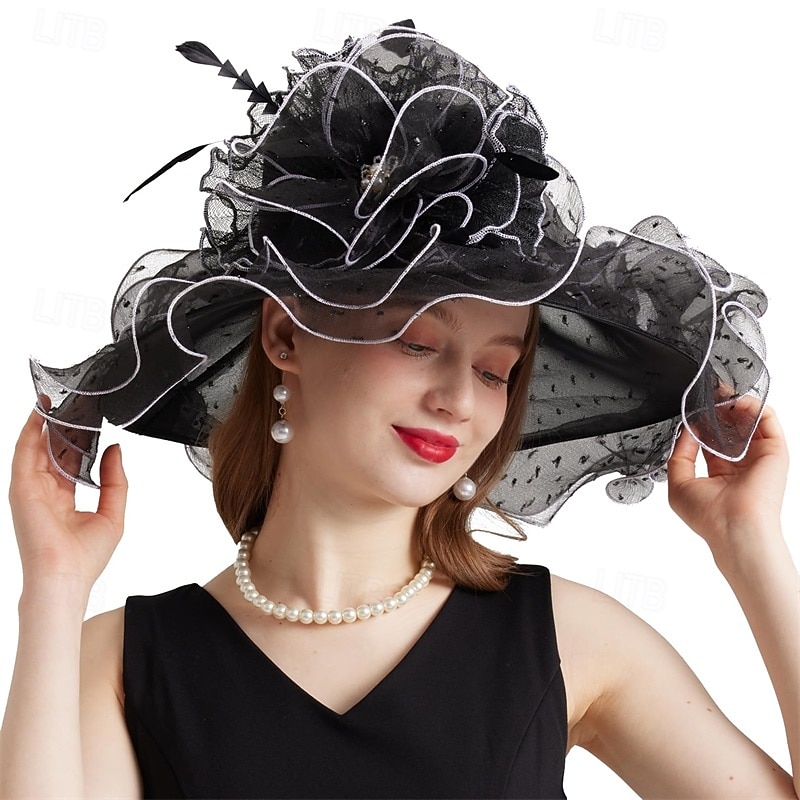 Women Elegant Organza Derby Hat Wide Brim Sun Hats for Wedding Tea Party Fascinator Hat2