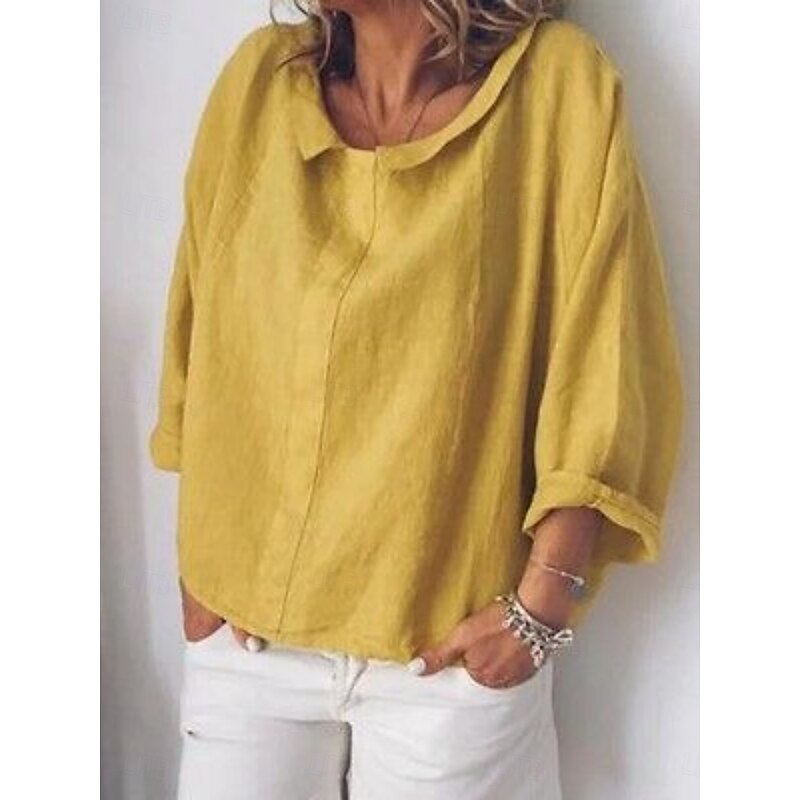 Women's Cotton Linen Shirts Solid Color Daily Modern Long Sleeve Crew Neck Regular Tops Daily Holiday Yellow Pink Blue Green Summer - Main Image