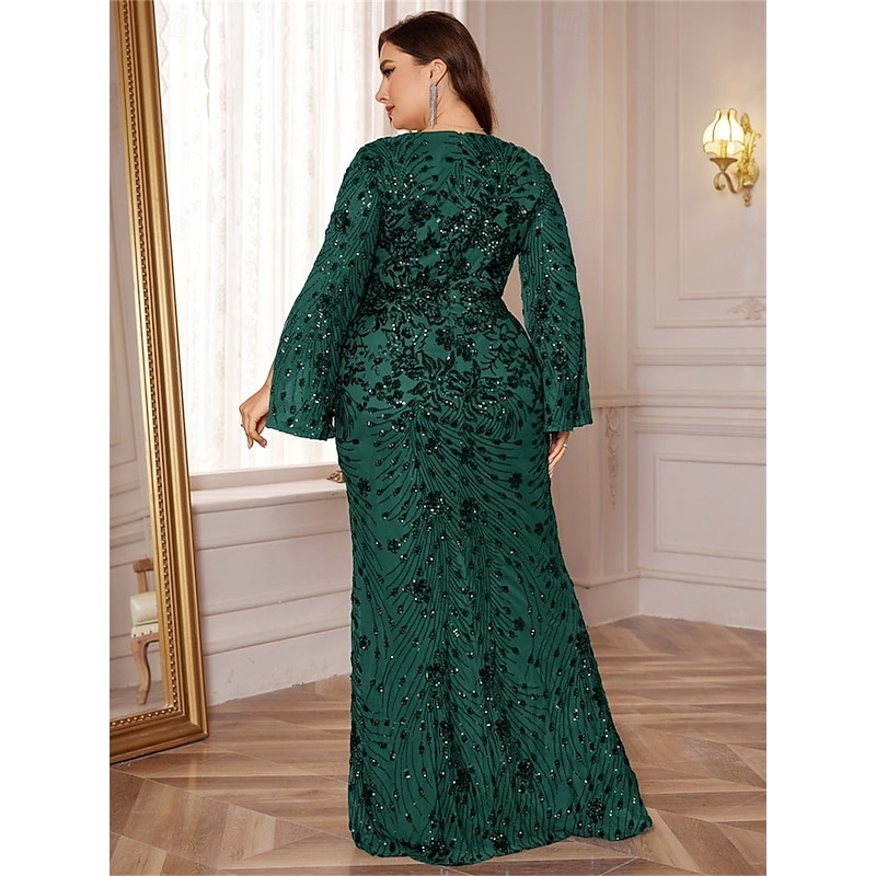 Mermaid / Trumpet Plus Size Dresses Elegant Curve Dress Formal Wedding Floor Length Long Sleeve V Neck Sequined with Sequin4