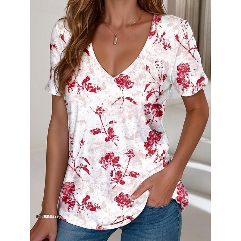 Women's T Shirt Floral Graphic Plants Vintage Stylish Classic Short Sleeve V Neck Regular Tops Daily Print Red Blue Purple Green Light Blue Summer Spring2