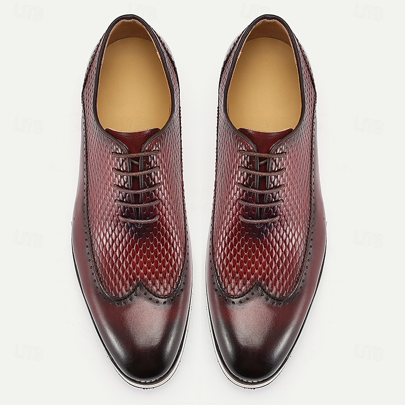 Men's Premium Burgundy Leather Lace-Up Shoes with Crocodile Pattern for Elegant Evening Affairs4