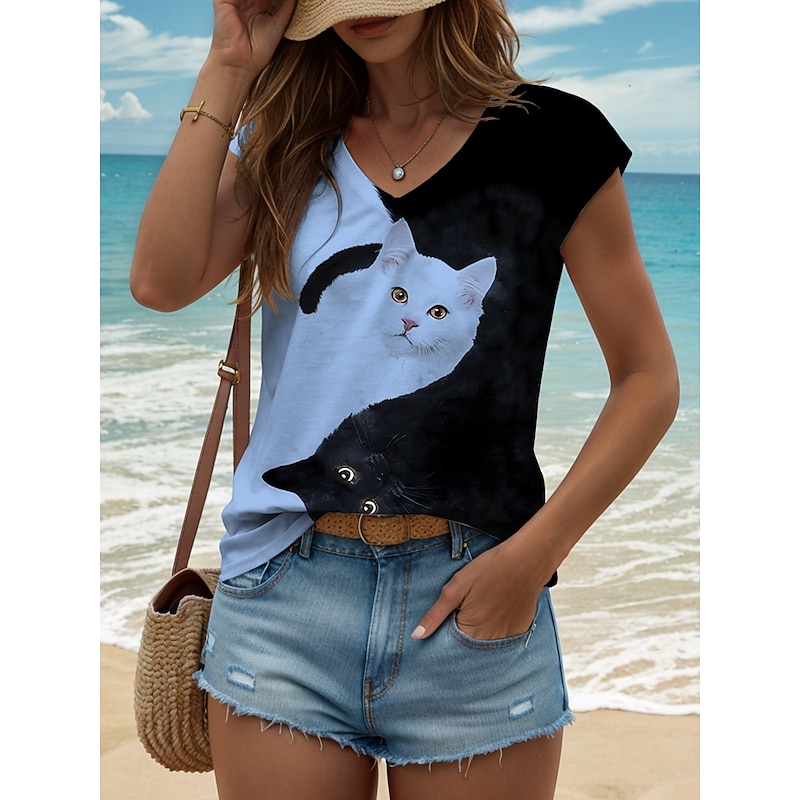 Women's Animals Cat Camisole Tank Top Vintage Tropical Stylish Sleeveless Short Sleeve V Neck Regular Tops Daily Print Black and White Yellow Pink Blue Purple Summer Spring4