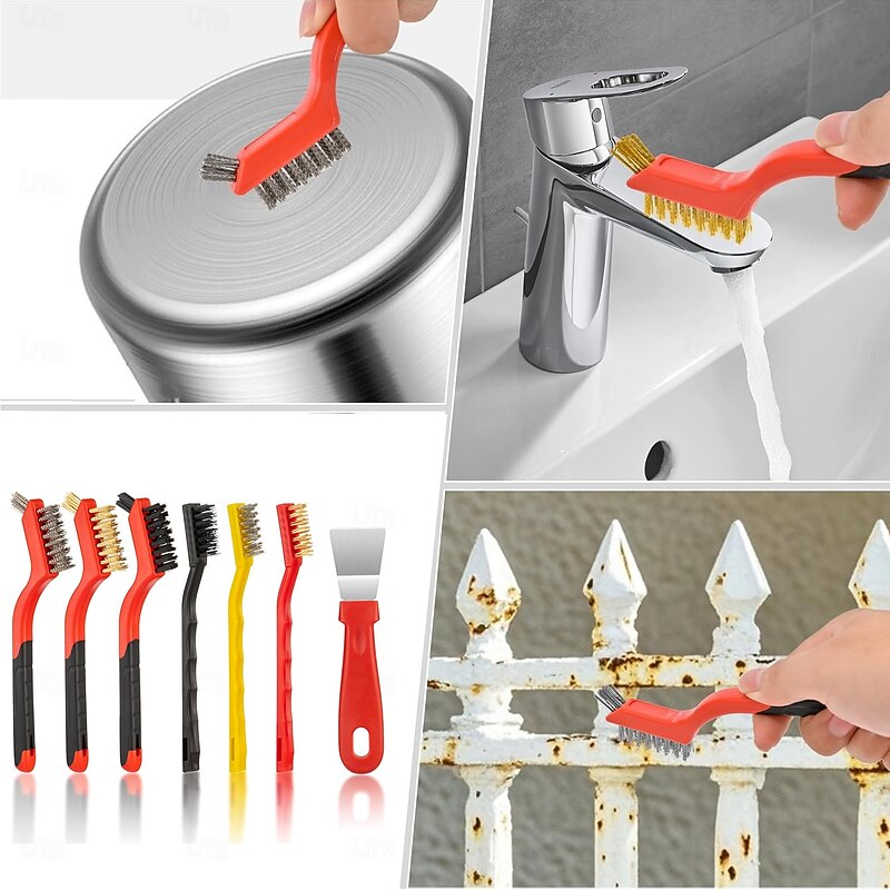 6 Pieces Wire Brush with 1 Pc Scraper Set - Small Stainless Steel  Brass and Nylon Brushes for Paint & Dirt Removal  Rust and Metal Cleaning - for Kitchen  Workshop and Small Deep Cleaning Tasks3