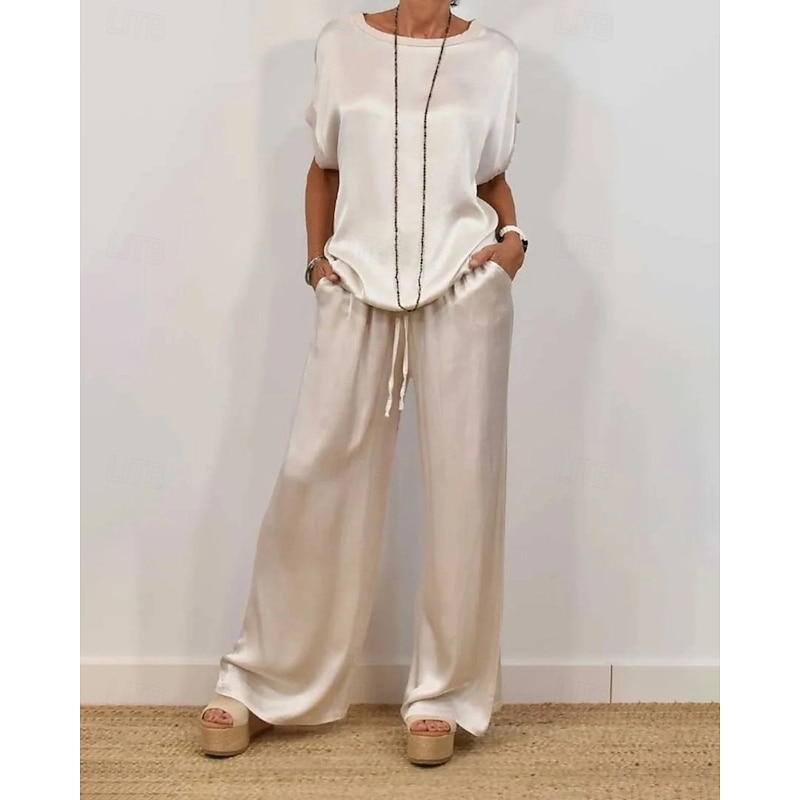 Women's Active Fashion Blouse Pants Sets Short Sleeve Crew Neck Solid Color Going out Weekend Black Blue Beige Summer Regular Fit2