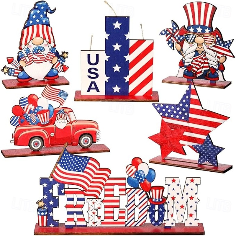 6 Pieces Patriotic Wooden Decorations 4th of July Independence Day Decorations Patriotic Table Decorations Wooden Table Centerpieces  Decorations for American Memorial Day Veteran Day Party Decor