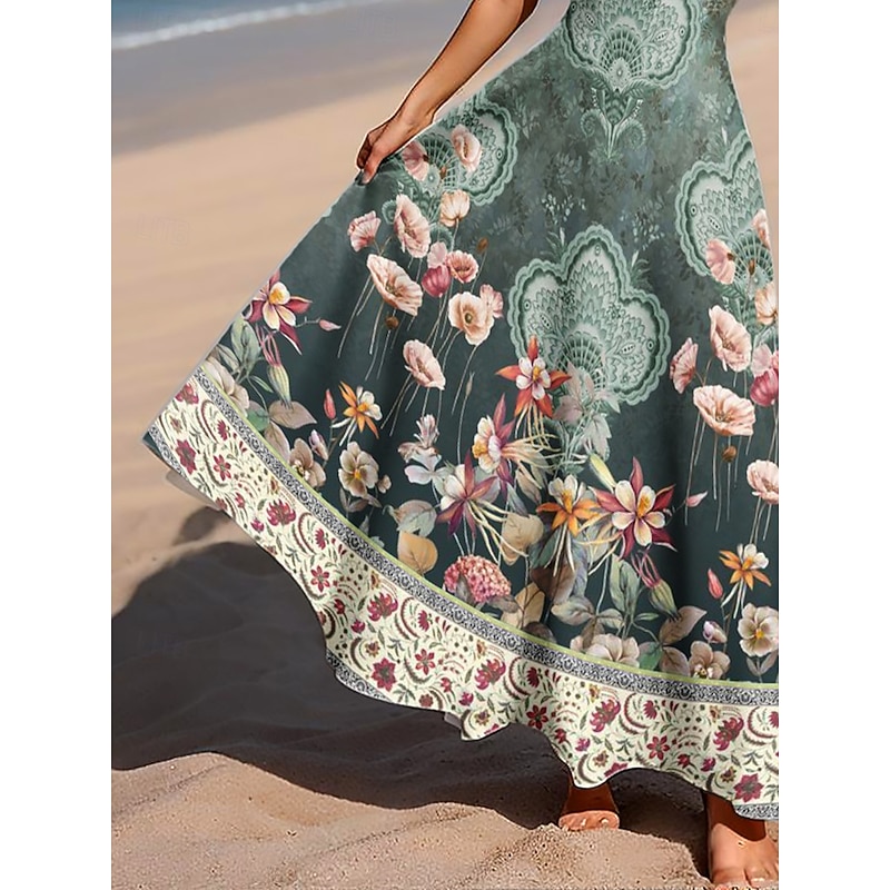 Women's Maxi Dress A Line Dress Off The Shoulder Dress Bohemia Vacation Beach Party Regular Fit Floral Graphic Paisley Sleeveless Square Neck Scoop Neck Sage Green Summer Spring3