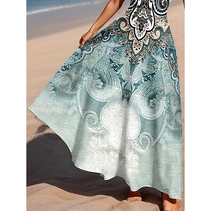 Women's Maxi Dress A Line Dress Off The Shoulder Dress Vacation Casual Beach Party Beach Regular Fit Graphic Paisley Bohemian Sleeveless Square Neck Scoop Neck Sage Green Summer Spring3