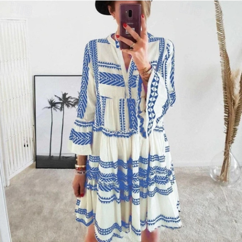 Women's Mini Dress Casual Dress Boho Dress Fashion Flare Cuff Sleeve Outdoor Party Holiday Regular Fit Line Long Sleeve Crew Neck Black Yellow Blue Summer