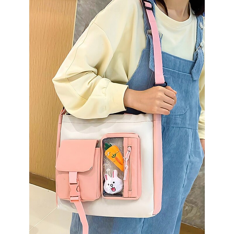 Women's 6-Piece Cute Kawaii Backpack Set with Clear Front Pockets, Cartoon Pins and Plush Charms, Lightweight Nylon School Bag for Teen Girls Campus Travel Daily Use4