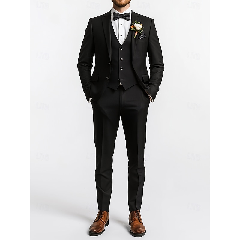 Men's Wedding Business Suits Notch Lapel Black Fashion Formal Solid Colored Standard Fit 3 Piece Single Breasted Two-buttons