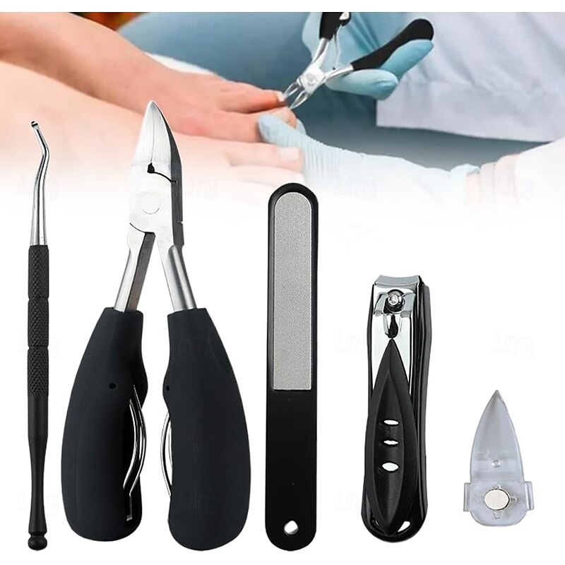 5pcs/set Professional Nail Clipper Kit, 304 Stainless Steel Fingernail & Toenail Clippers Set, Long Handle Ultra Sharp Clippers for Thick or Ingrown Nails, Portable Manicure Pedicure Tools