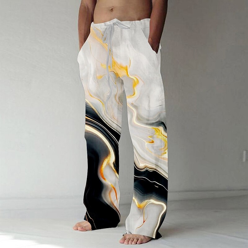 Men's Marble Abstract Liquid Art Trousers Baggy Pants Casual Pants Mid Waist Casual Outdoor Vacation Daily Drawstring Elastic Waist Wide Leg Summer Spring 3D Print White