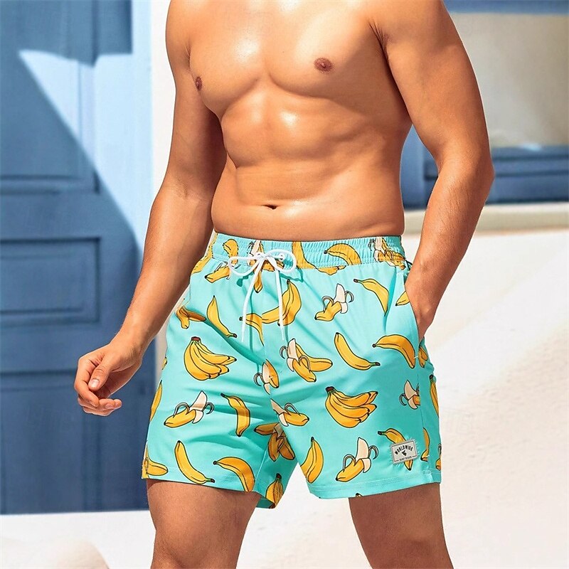 Men's Swim Shorts Board Shorts Swim Trunks Print Quick dry Breathable Drawstring Elastic Waist With Compression Liner Vacation Beach Hawaiian Casual Light Green Navy Blue2