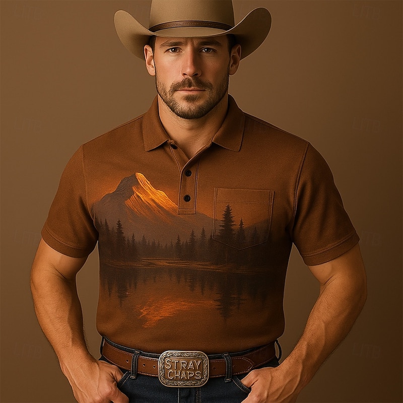 Men's Tree Mountain Polo Short Sleeve Polo Shirts Collared Shirts Casual Western Style Outdoor Athleisure Buttons Pocket 3D Print Summer White Blue Brown