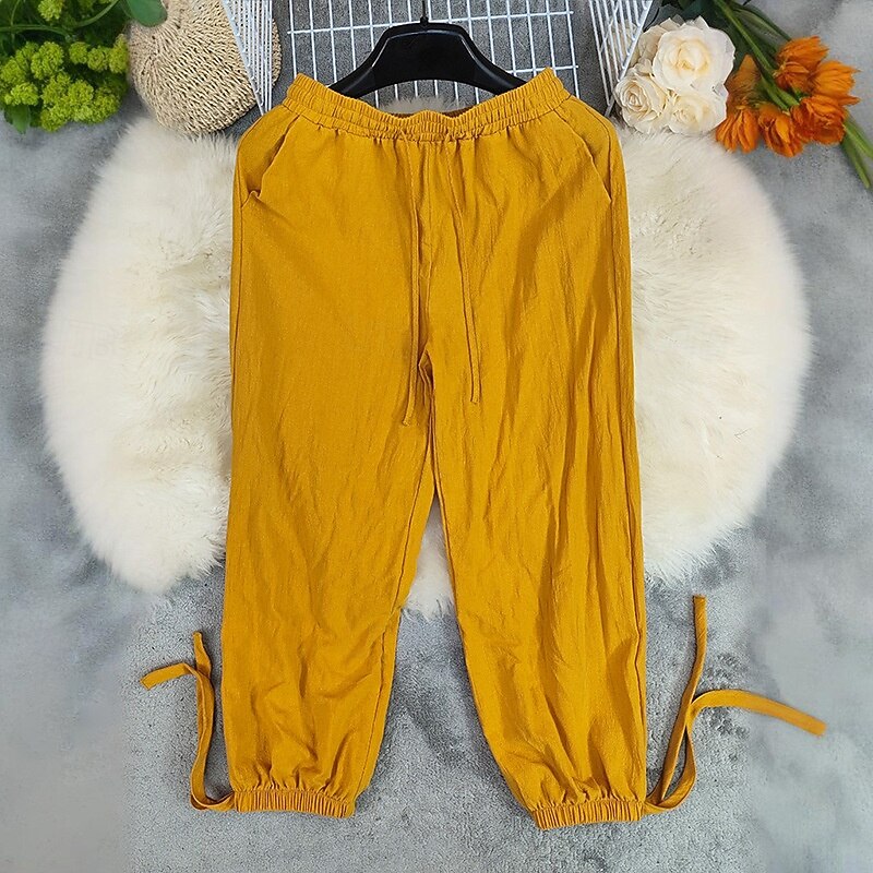 Women's Cotton Linen Pants Slacks Fashion Streetwear Full Length Natural Plain Pocket Elastic Drawstring Design Outdoor Comfortable Street Going out Ginger Summer Regular Fit2