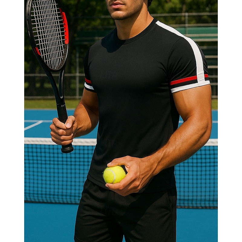 Men's Patchwork Sport Shirt Tennis Shirt Tennis Tee Short Sleeves Sweat-Wicking Moisture Wicking Breathable Tennis Golf Pickleball Crew Neck Black Tennis Clothing3