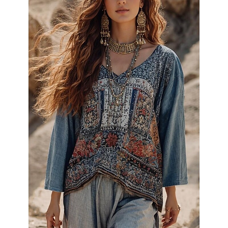 Women's Blouse Floral Graphic Bohemia Vintage Daily 3/4 Length Sleeve Crew Neck Boat Neck Regular Tops Daily Holiday Vacation Wear Print Dusty Blue Summer Spring