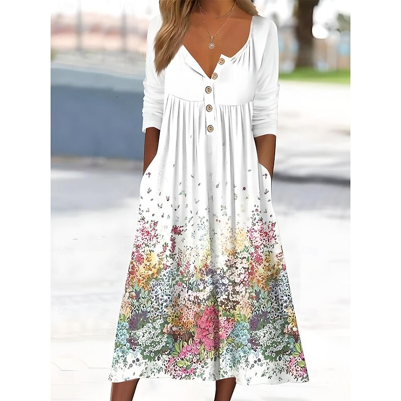 Women's Midi Dress Summer Dress Pleated Dress Vacation Casual Beach Holiday Regular Fit Floral Graphic Short Sleeve Crew Neck White Blue Light Blue Summer3