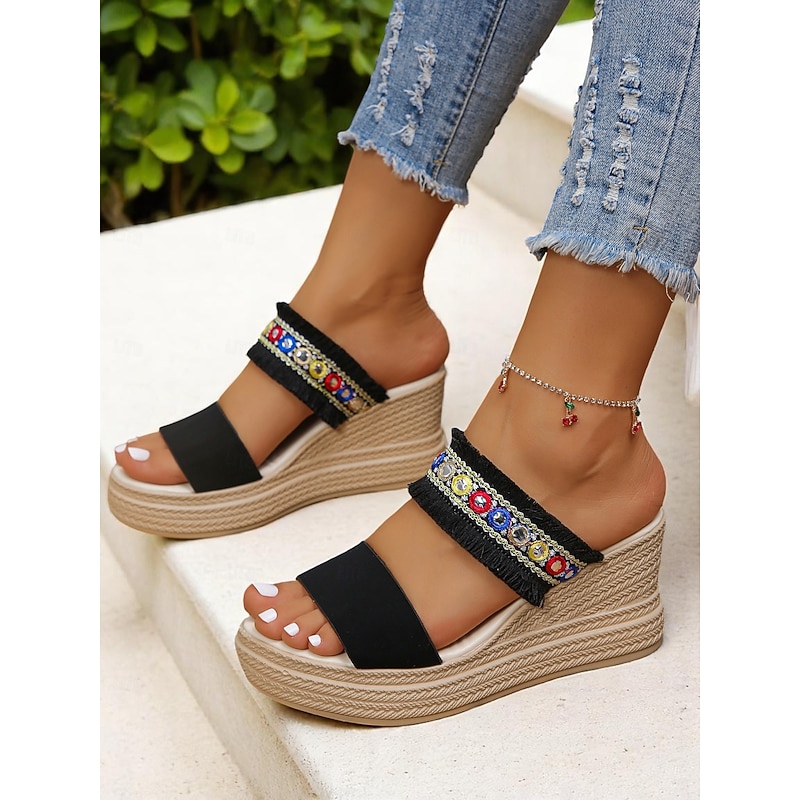 Women's White Platform Slide Sandals with Colorful Beaded Fringe Straps, Boho Chic Wedge Shoes for Casual Summer Outings and Beach Vacations4