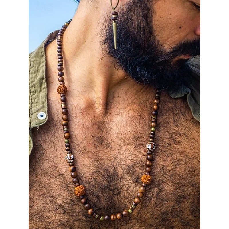 Men's Natural Wood Beaded Necklace – Handcrafted Boho Tribal Jewelry for Yoga, Meditation, Festivals and Daily Wear