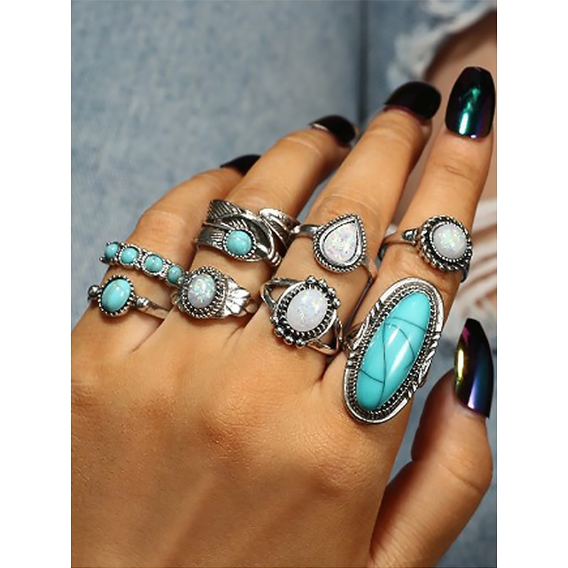 Women's Boho Turquoise Ring Set – Vintage Alloy Stackable Rings with Gemstone Accents for Western Style, Festivals or Daily Wear