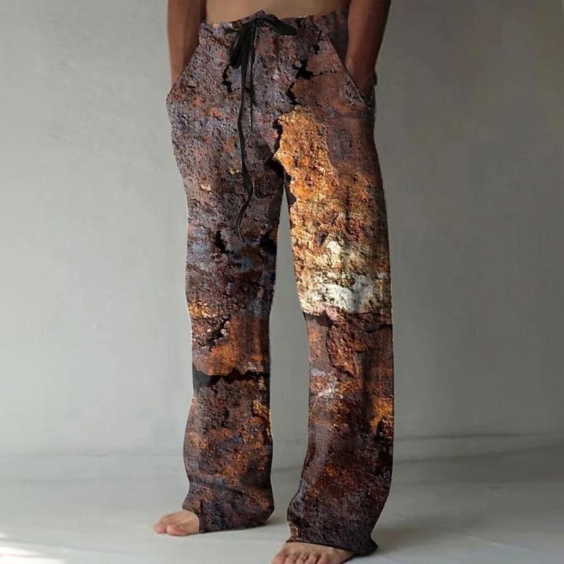 Men's Vintage Distressed Rust Print Trousers Baggy Pants Casual Pants Mid Waist Casual Vintage Retro Vacation Holiday Beach Wear Drawstring Elastic Waist Wide Leg Summer Spring 3D Print Brown