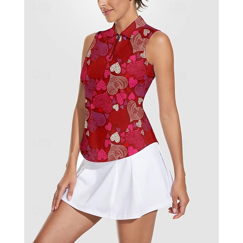 Women's Heart Tennis Shirt Sleeveless Print UPF50+ Quick Dry Tennis Golf Badminton Zip Collar Tee Tshirt Top Red Tennis Clothing3