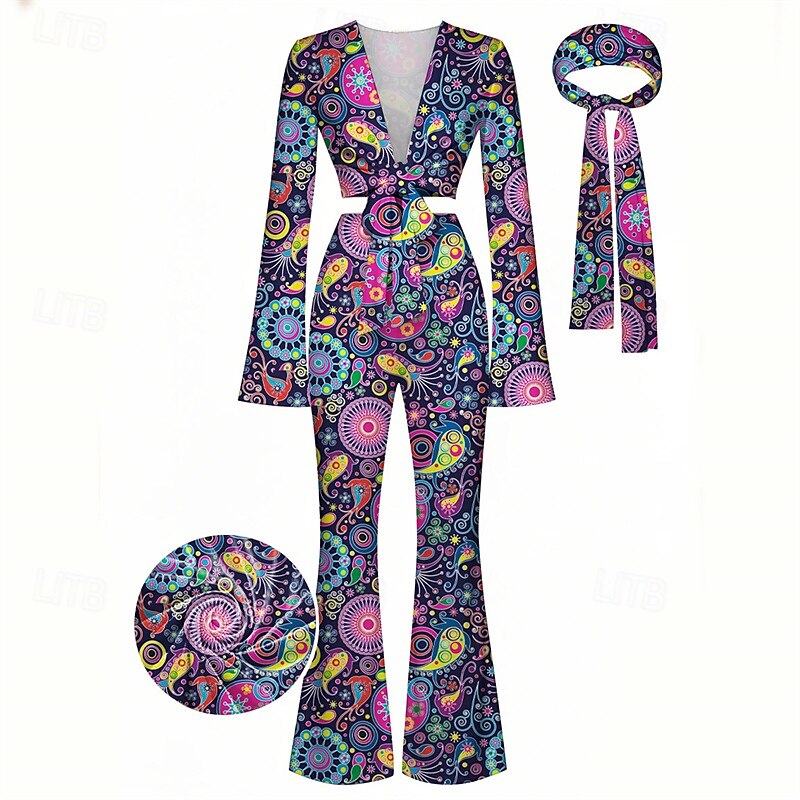 Retro Vintage 1970s Groovy Tie Front Flared Pants Set Hippie Disco Paisley Tribal Fancy Dress Women's Halloween Carnival Vacation Music Festival Festival Adults' Top Pants Headband4