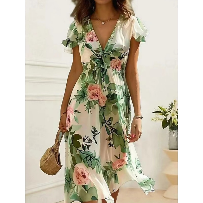 Women's Midi Dress A Line Dress Casual Outdoor Going out Beach Standard Fit Floral Graphic Short Sleeve V Neck Green Summer Spring