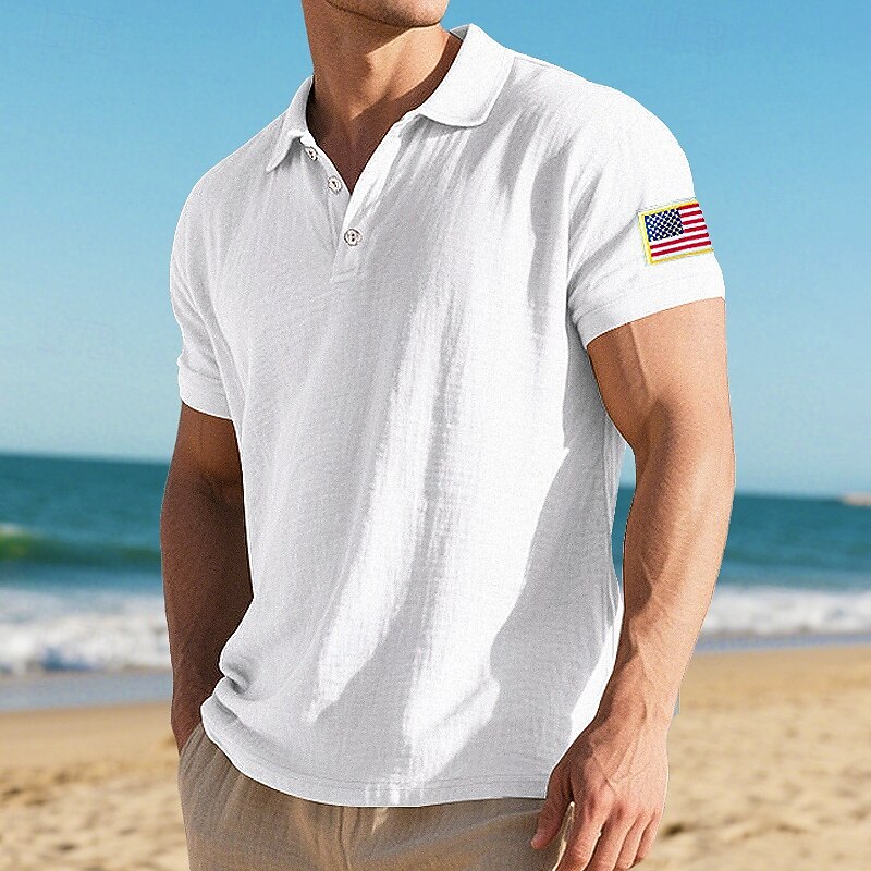 Men's Linen Shirt Golf Shirt Work Casual Lapel Short Sleeve Vacation Fashion National Flag Buttons Summer Regular Fit Black White Navy Blue Khaki Army Green Light Blue Linen Shirt