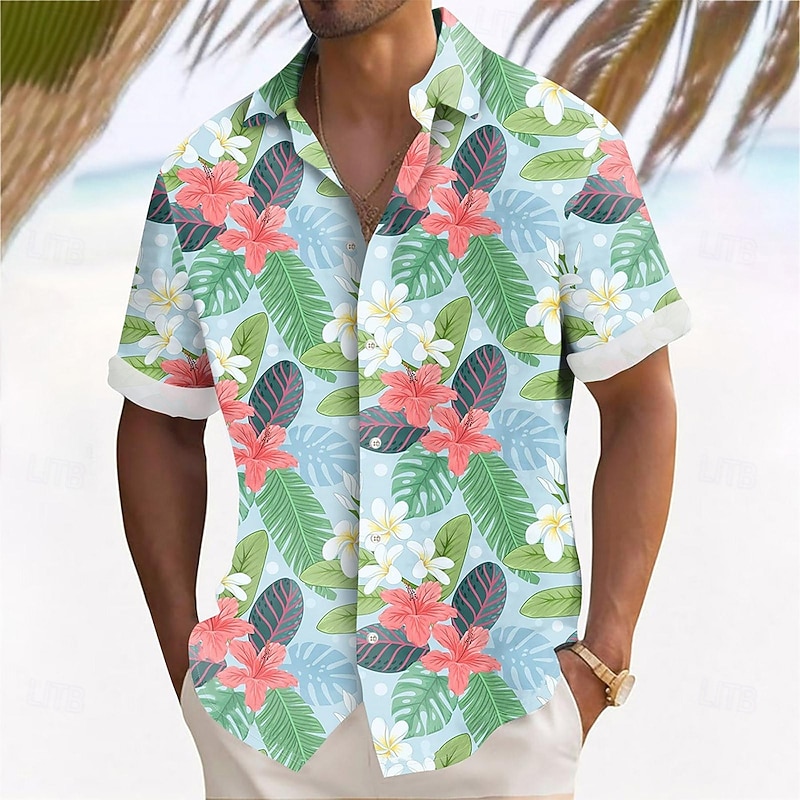Men's Palm Leaf Tropical Plants Flowers Summer Hawaiian Shirt Button Up Shirt Aloha Shirt Short Sleeve Hawaiian Vacation Holiday Beach Wear Summer Spring Turndown 3D Print Collared Shirts Black Blue2