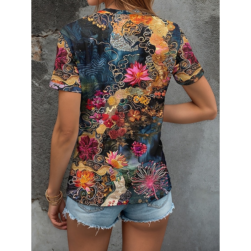 Women's T Shirt Floral Graphic Plants Bohemia Vintage Stylish Short Sleeve Crew Neck Round Neck Regular Tops Daily Going out Weekend Print Yellow Blue Purple Green Summer Spring2