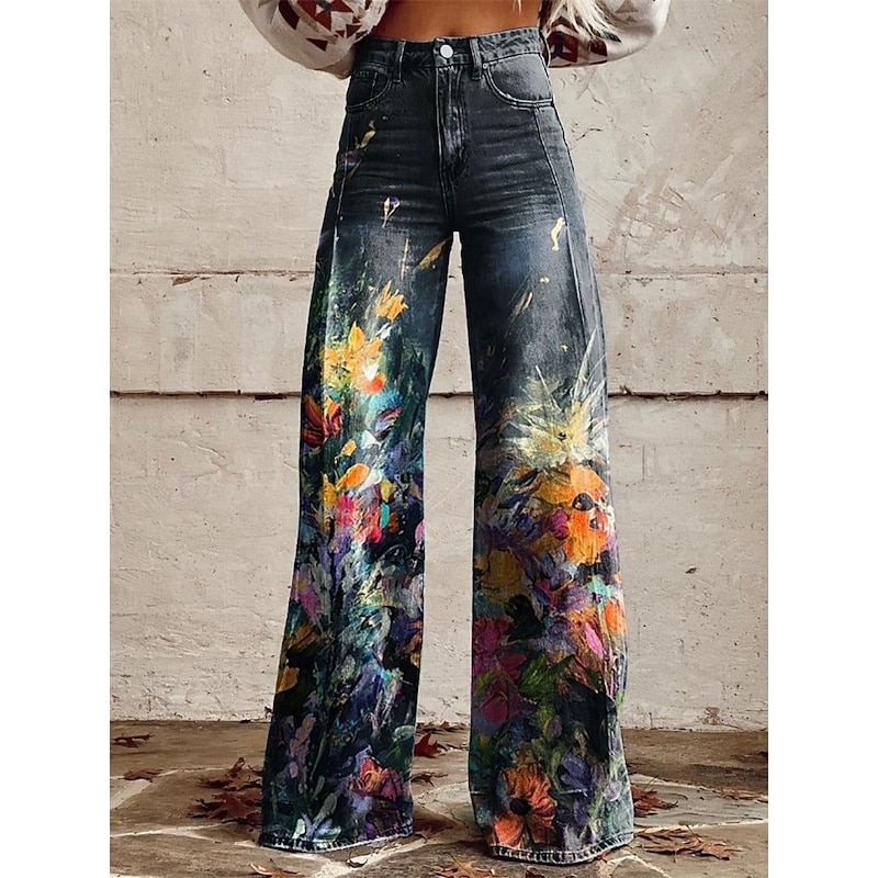 Retro Vintage Boho 1970s Pants Wide Legged Pants Hippie Disco High Waist Oil Print Faux Jeans Style Fancy Dress Women's Carnival Casual Daily Music Festival Retro Theme Party Adults' Pants