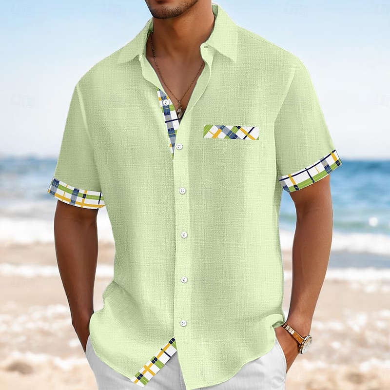Men's Shirt Linen Shirt Summer Shirt Beach Wear Button Up Shirt Solid Color Vacation Curise Navy Blue Orange Green Light Blue Short Sleeve Collar Summer Spring & Summer Clothing Apparel Color Block