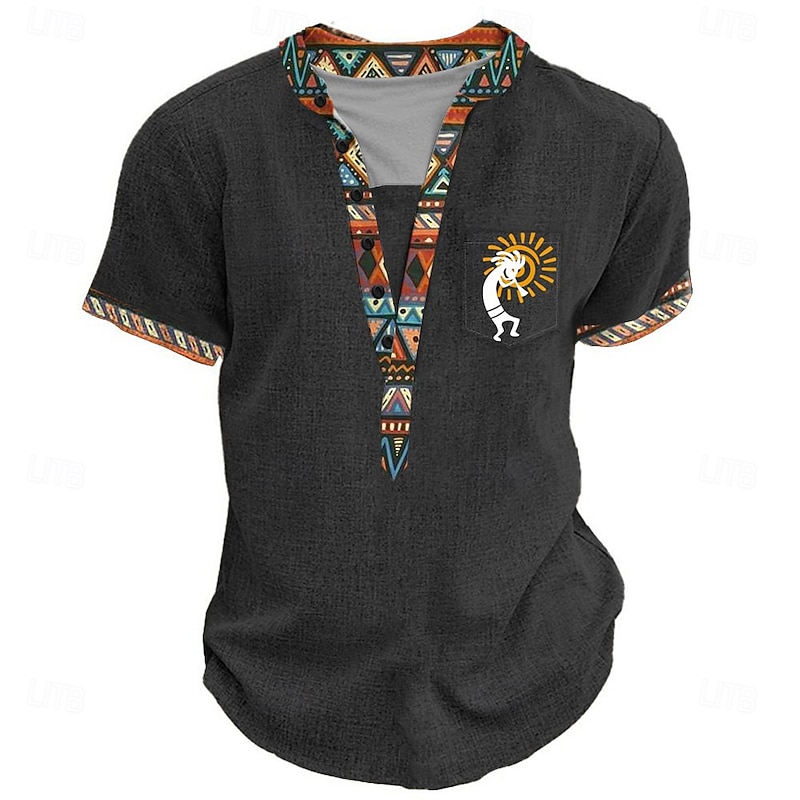 Men's Tribal Ethnic T Shirt Henley Shirt Tee Short Sleeve Designer Basic Ethnic Outdoor Casual Daily Summer Black Light Green Light Blue Khaki Henley Henley T-Shirt4
